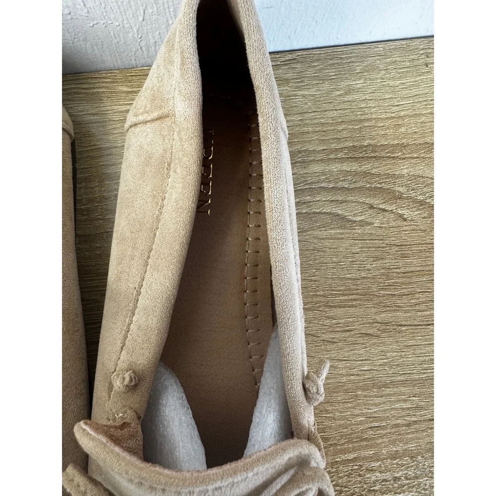Sand Faux Suede Driving Moccasin Loafers Car Shoes Bow Slip On Flats NIB Sz 8